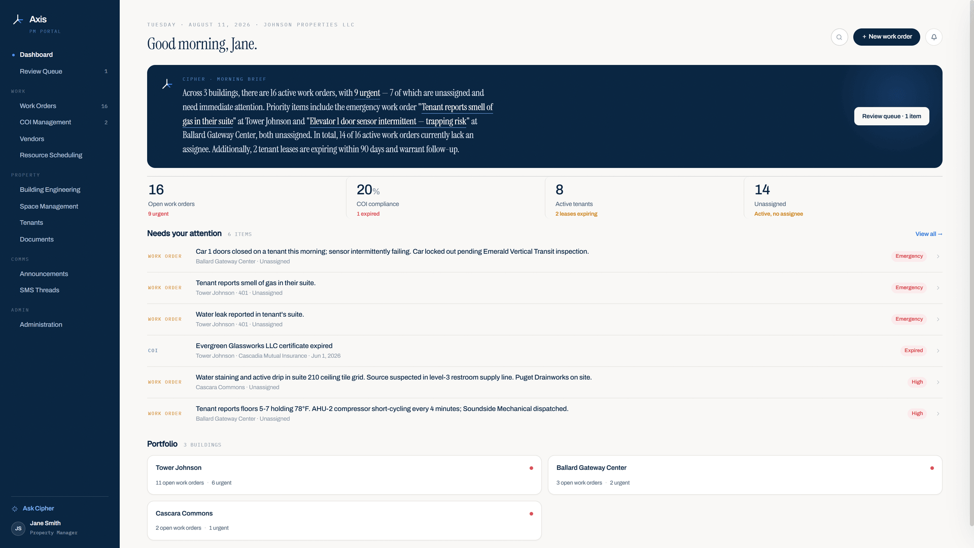 Axis PM Portal dashboard